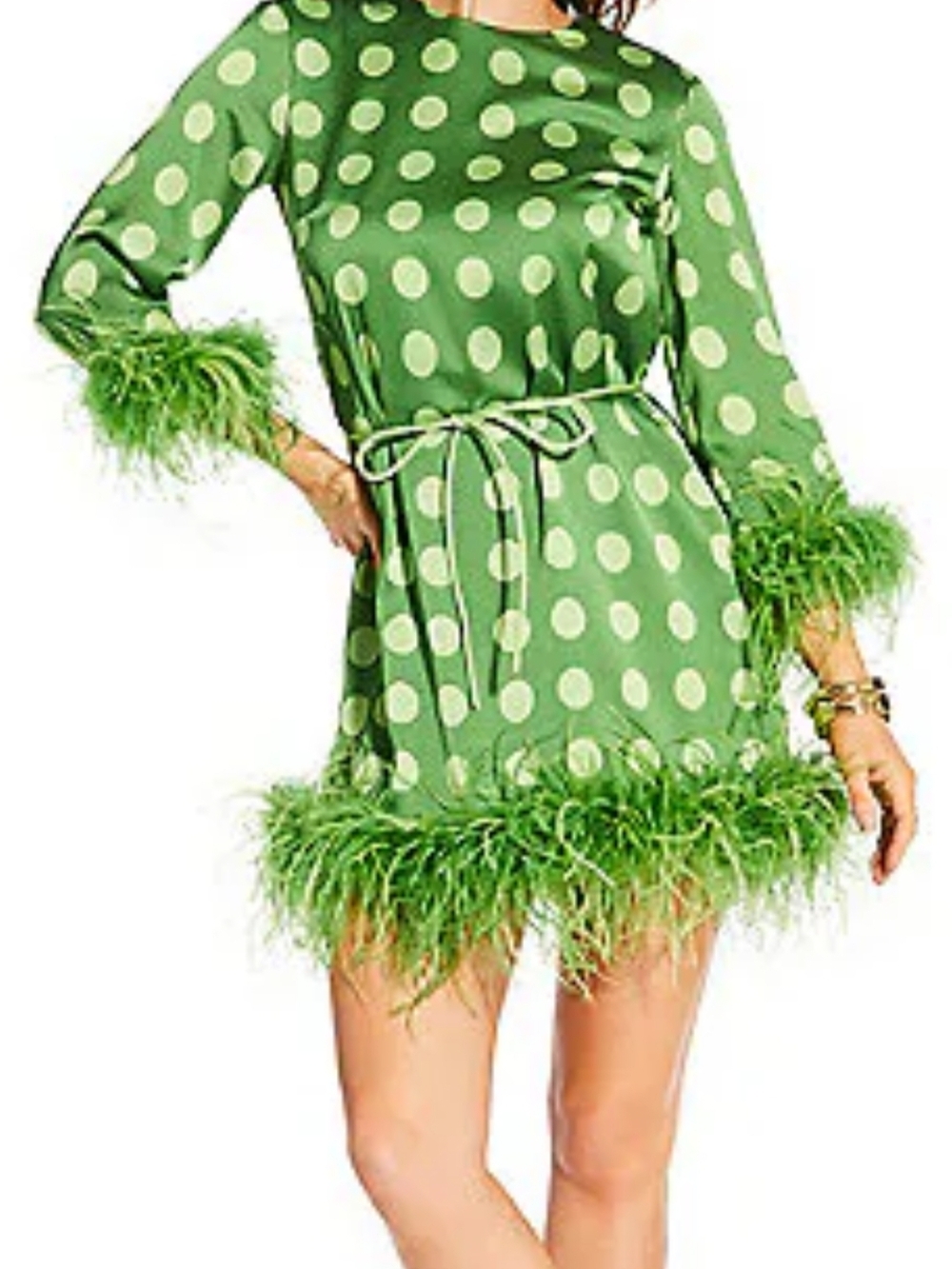 Antonio Melani Satin Polka Dot Feather Trim Mini Dress.